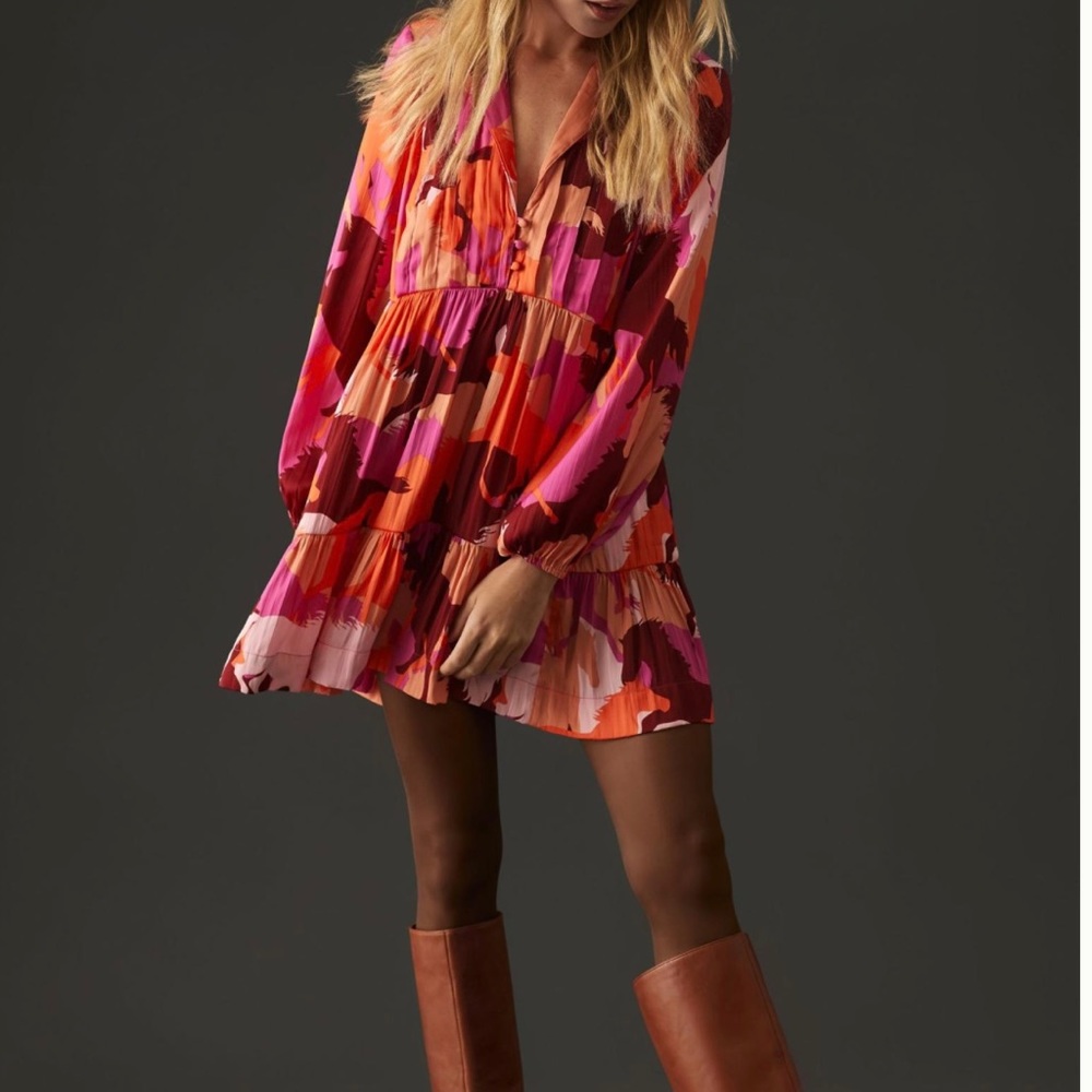 Anthropologie Maeve Tiered Long-Sleeve Dress Horse Print Size Xs